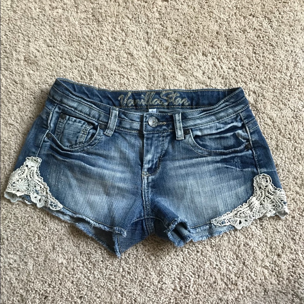 Vanilla Star Blue Jean Shorts with White Lace